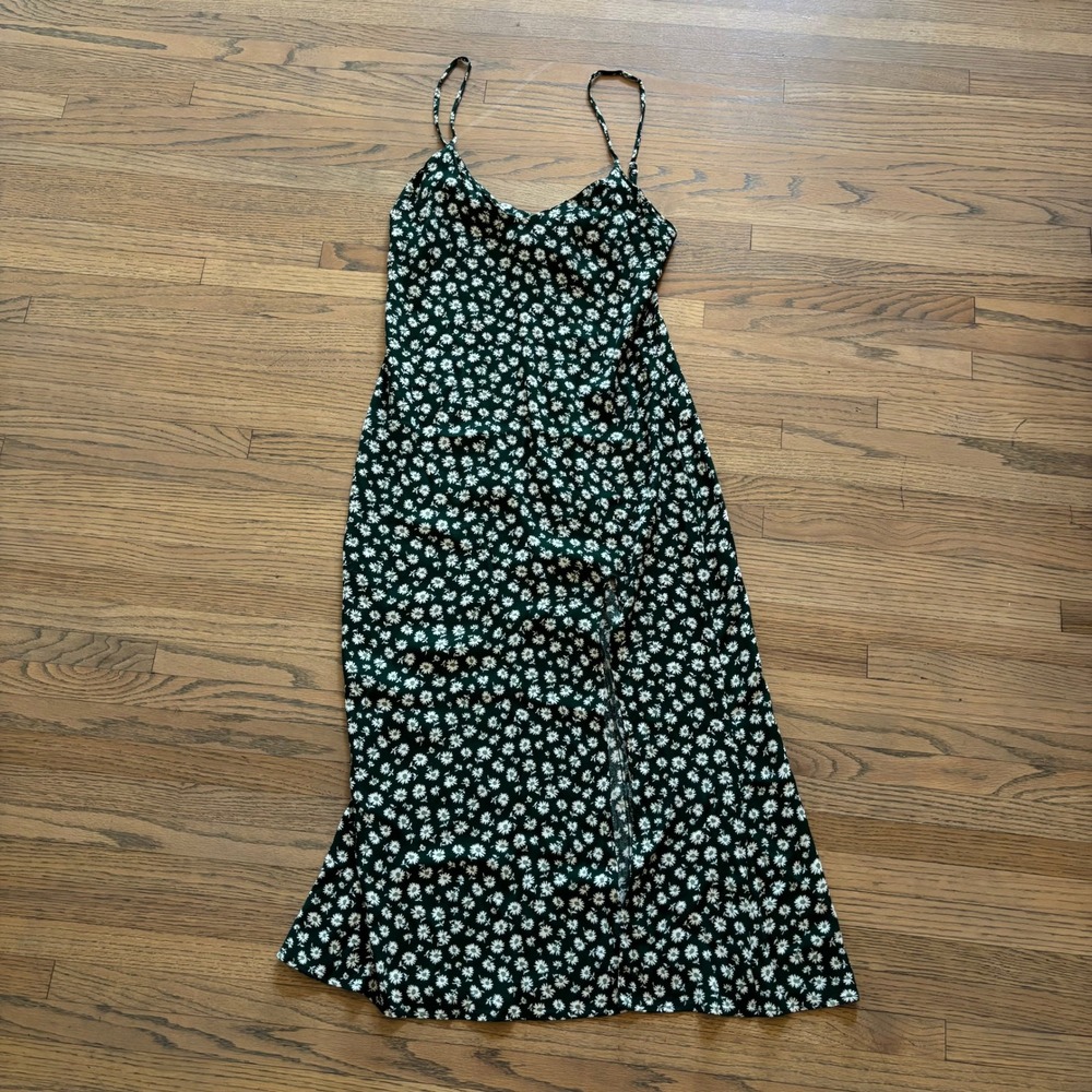 Reformation Green Daisy Print Midi Dress Size 4 Floral Slit Sleeveless Viscose